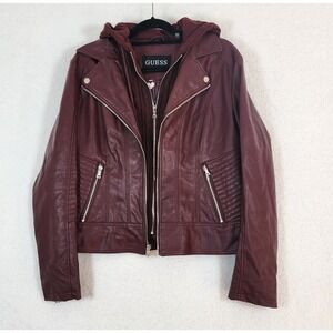 Guess Women's Faux Leather Jacket Sz XL Maroon Knitted Hoodie Moto Y2K Biker